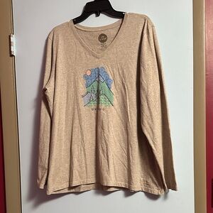 Life Is Good Beige V-Neck Tee with Mountain Graphic